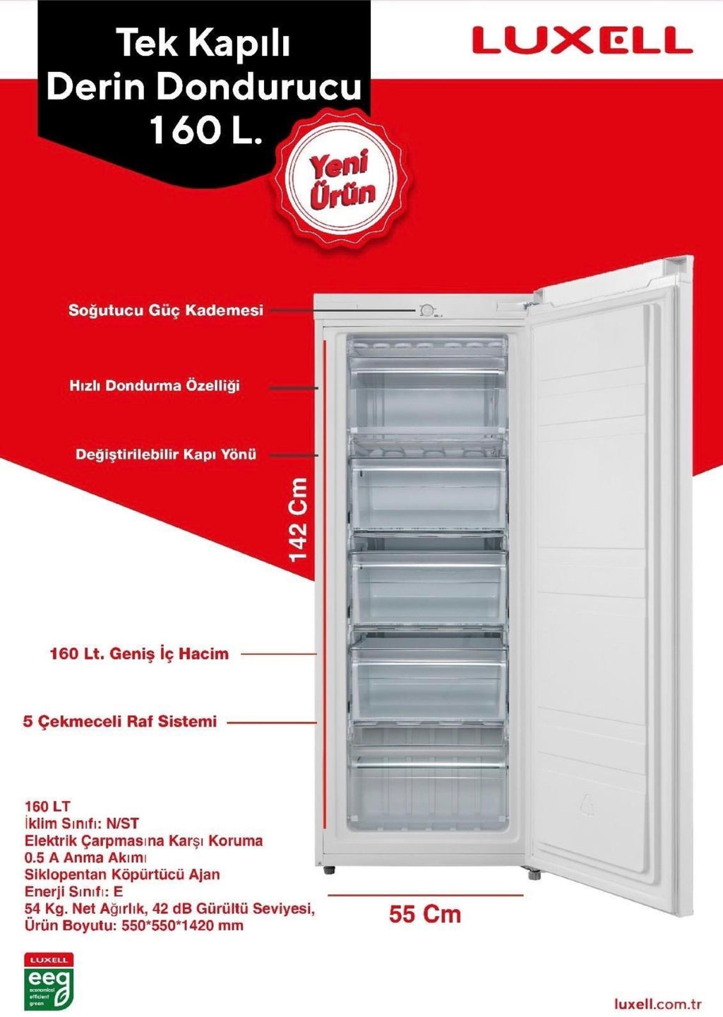 Luxell LXFR-160 5 Çekmeceli Dikey Derin Dondurucu