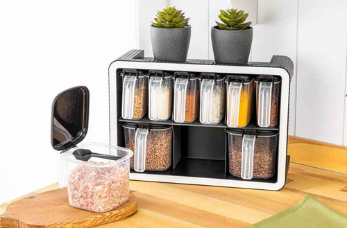 Baroness Standlı Kendinden Yapışkanlı Kapaklı Kaşıklı Baharatlık Takımı - Kulplu Baharatlık Standı - Siyah