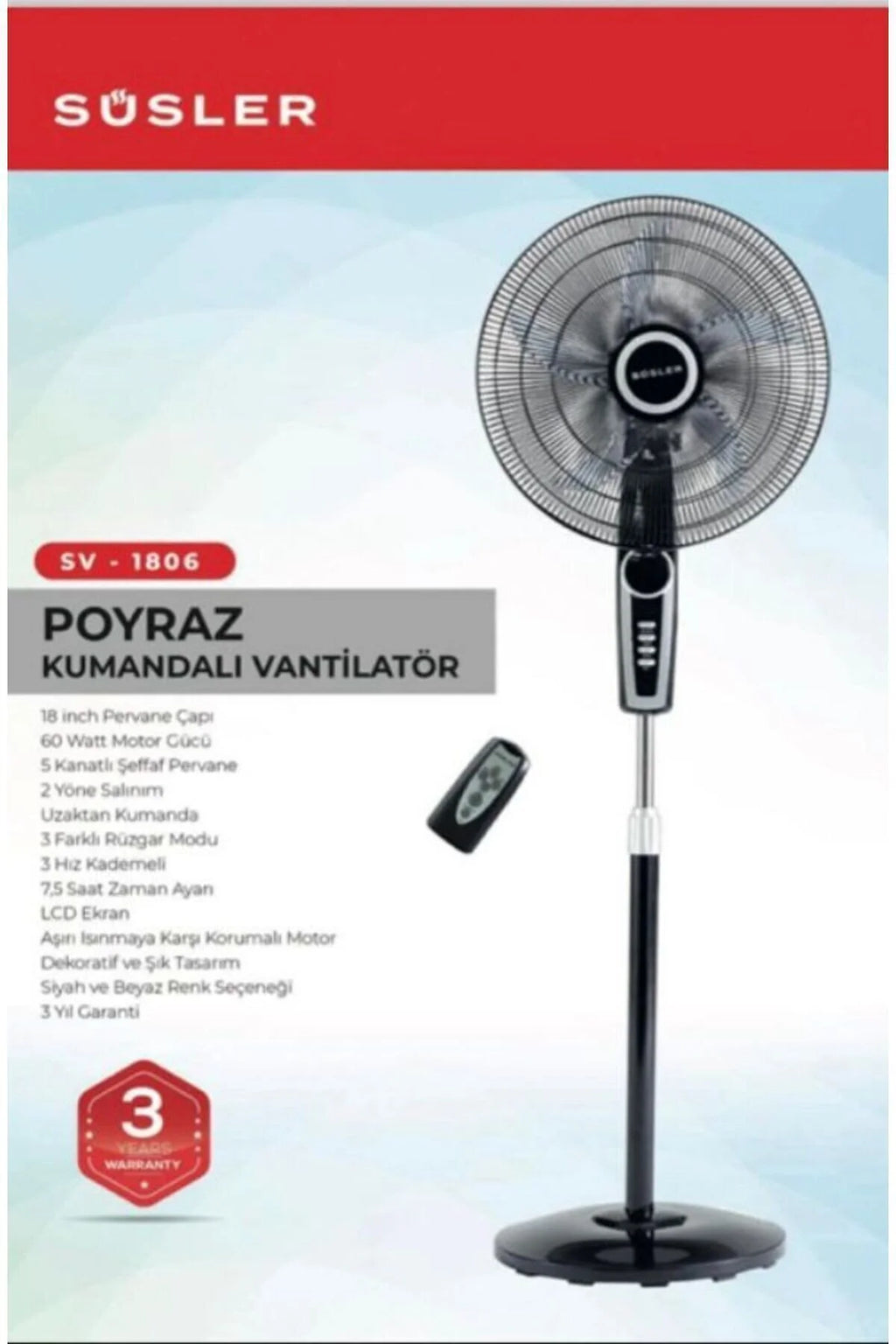 Süsler SV-1806 R Poyraz Ayaklı Vantilatör