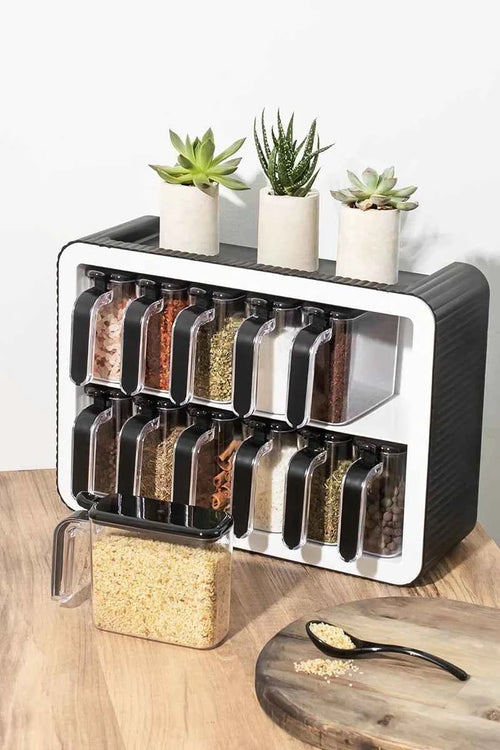 Baroness Standlı Kendinden Yapışkanlı Kapaklı Kaşıklı Baharatlık Takımı - Kulplu Baharatlık Standı - Siyah